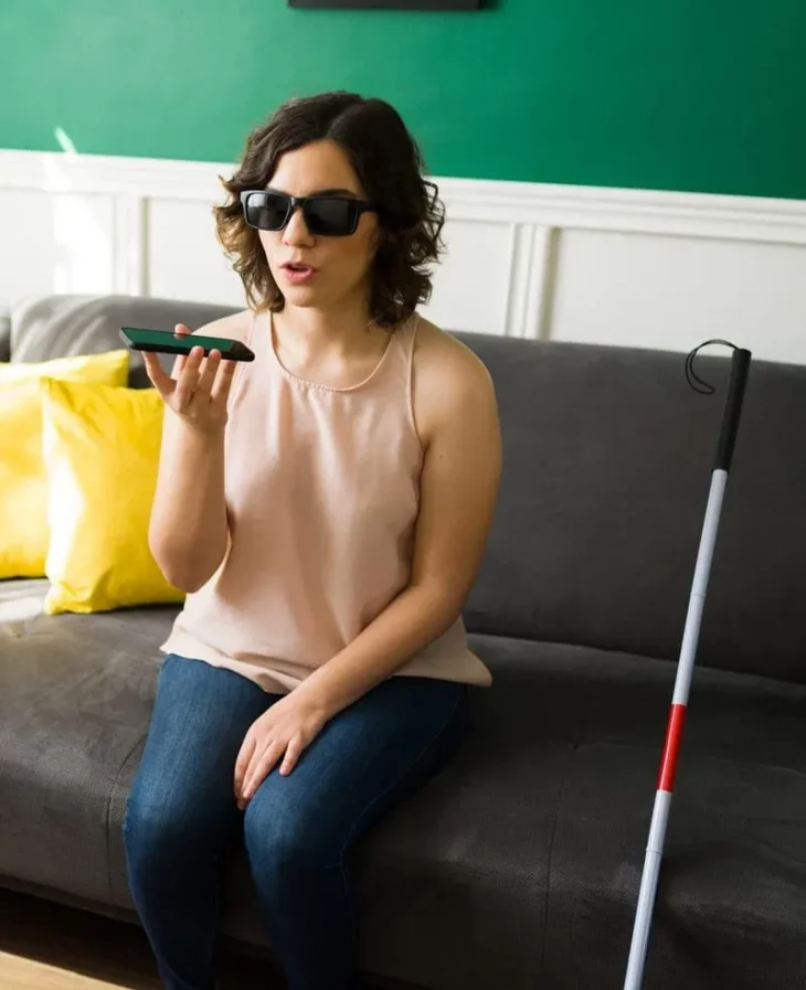 Visually impaired lady on the phone